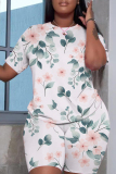 Lake Blue Casual Abstract Floral Print Gradient Round Neck Short Sleeve T-shirt and Shorts Two Piece Matching Sets