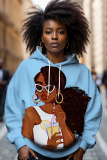 Brown Casual Girl Figure Print Draw String Hooded Collar Long Sleeve Fall Winter Sweatshirts Tops