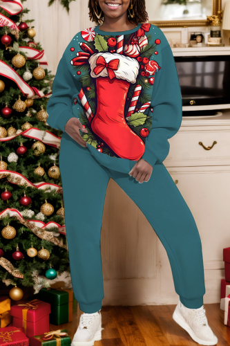 Dark Grey Christmas Print Round Neck Long Sleeve Sweatshirt and Sweatpants Fall Winter Two Pieces Sweatsuits Sets