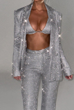 Silver Sequined Party Club Formal Bikini Tops Turn-back Collar Long Sleeve Blazer and Pants Three-piece Suits Sets