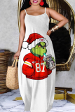 Dark Red Christmas Party Outfit Cartoon Print Sleeveless Backless Spaghetti Strap Floor Length Straight Loose Maxi Slip Dress