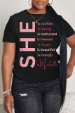 Black Silver Casual Letter Print Round Neck Short Sleeve T-Shirts Tops