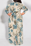 Purple Floral Print O Neck 3/4 Sleeve Lace Up Summer Outings Vacation Plus Size Flowy Loose Maxi Dress