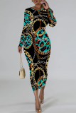 Red Chain print O Neck Long Sleeve Casual Street Fall Outings Bodycon Pencil Midi Dress