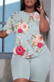 Lake Blue Casual Butterfly Floral Print Letter Round Neck Short Sleeve T-shirt and Shorts Two Pieces Matching Sets