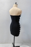Black Rhinestone Decor Backless Strapless Wrapped Skirt Formal Evening Party Bodycon Tube Mini Dress