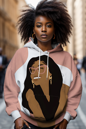 Brown Casual Girl Figure Print Draw String Hooded Collar Long Sleeve Fall Winter Sweatshirts Tops