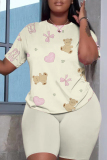 Lake Blue Casual Butterfly Floral Print Letter Round Neck Short Sleeve T-shirt and Shorts Two Pieces Matching Sets