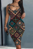 Navy Blue Floral Letter Print Sleeveless U Neck Knee Length Casual Outing Bodycon Vest Midi Dress