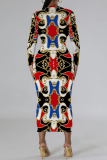 Red Chain print O Neck Long Sleeve Casual Street Fall Outings Bodycon Pencil Midi Dress