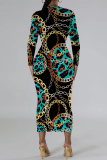 Red Chain print O Neck Long Sleeve Casual Street Fall Outings Bodycon Pencil Midi Dress