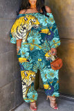 Light Blue Vacation Loose Casual Abstract Floral Leaf Print Off Shoulder Long Lantern Sleeve Overall Jumpsuits
