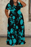 Brown Floral Print V Neck Short Sleeve Pocket Summer Outings Vacation Plus Size Loose Maxi Dress