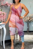 Purple Red Vacation Loose Casual Butterfly Floral Print Backless Spaghetti Strap Cami Jumpsuits