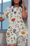 Lake Blue Casual Abstract Floral Print Gradient Round Neck Short Sleeve T-shirt and Shorts Two Piece Matching Sets