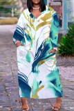 Purple Floral Print V Neck Long Sleeve Pocket Fall Outings Vacation Plue Size Striaght Loose Maxi Dress