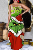 Dark Red Christmas Party Outfit Cartoon Print Sleeveless Backless Spaghetti Strap Floor Length Straight Loose Maxi Slip Dress