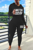 Black Skinny Sportwear Casual Letter Print Hooded Long Sleeve Sweatshirt and Sweatpants Fall Winter Two Pieces Sweatsuits Sets