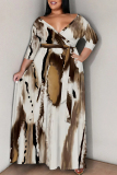 Khaki Geometric Print Colorblock V Neck 3/4 Sleeve Lace Up Summer Outings Vacation Plus Size Flowy Loose Maxi Dress