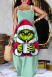 Dark Red Christmas Party Outfit Cartoon Print Sleeveless Backless Spaghetti Strap Floor Length Straight Loose Maxi Slip Dress