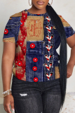 Purple Casual Faux Denim Print Round Neck Short Sleeve T-Shirts Tops