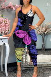 Purple Red Vacation Loose Casual Butterfly Floral Print Backless Spaghetti Strap Cami Jumpsuits