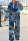 Blue Khaki Sportwear Faux Denim Print Hooded Long Sleeve Sweatshirt and Sweatpants Fall Winter Two Pieces Sweatsuits Sets