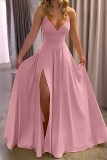 Yellow Deep V Neck Sleeveless Backless Spaghetti Strap Slim Fit Waist Front Slit Flowy Lace Maxi Slip Dress