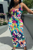 Orange Floral Print Sleeveless Backless Spaghetti Strap Summer Outings Vacation Bodycon Maxi Slip Dress