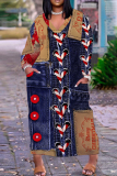 Purple Faux Denim Print V Neck Long Sleeve Ankle Length Casual Outings Plus Size Straight Loose Tunic Maxi Dress with Pocket