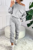Grey Sportwear Casual Oblique Collar Off Shoulder Long Sleeve Sweatshirt and Sweatpants Fall Winter Two Pieces Sweatsuits Sets