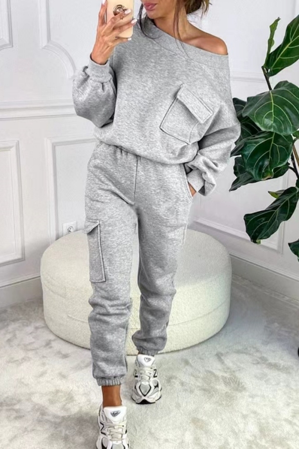 Grey Sportwear Casual Oblique Collar Off Shoulder Long Sleeve Sweatshirt and Sweatpants Fall Winter Two Pieces Sweatsuits Sets