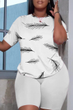 Lake Blue Casual Butterfly Floral Print Letter Round Neck Short Sleeve T-shirt and Shorts Two Pieces Matching Sets