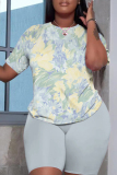 Lake Blue Casual Butterfly Floral Print Letter Round Neck Short Sleeve T-shirt and Shorts Two Pieces Matching Sets