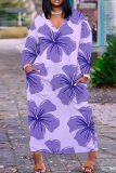 Light Purple Floral Print V Neck Long Sleeve Pocket Fall Outings Vacation Plue Size Striaght Loose Maxi Dress