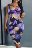 Navy Blue Floral Letter Print Sleeveless U Neck Knee Length Casual Outing Bodycon Vest Midi Dress
