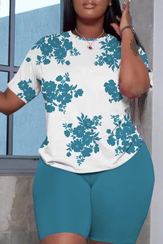 Lake Blue Casual Butterfly Floral Print Letter Round Neck Short Sleeve T-shirt and Shorts Two Pieces Matching Sets