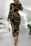 Red Chain print O Neck Long Sleeve Casual Street Fall Outings Bodycon Pencil Midi Dress