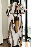 Khaki Geometric Print Colorblock V Neck 3/4 Sleeve Lace Up Summer Outings Vacation Plus Size Flowy Loose Maxi Dress