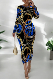 Red Chain print O Neck Long Sleeve Casual Street Fall Outings Bodycon Pencil Midi Dress