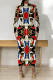 Red Chain print O Neck Long Sleeve Casual Street Fall Outings Bodycon Pencil Midi Dress