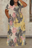 Brown Floral Print V Neck Short Sleeve Pocket Summer Outings Vacation Plus Size Loose Maxi Dress