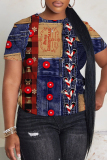 Purple Casual Faux Denim Print Round Neck Short Sleeve T-Shirts Tops