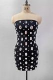 Black Rhinestone Decor Backless Strapless Wrapped Skirt Formal Evening Party Bodycon Tube Mini Dress