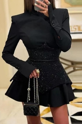Black High Neck Long Sleeve with Structured Shoulder Night Out Clubwear Layered Peplum Waist Glitter Sequin Mini Dress