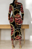 Red Chain print O Neck Long Sleeve Casual Street Fall Outings Bodycon Pencil Midi Dress