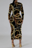 Red Chain print O Neck Long Sleeve Casual Street Fall Outings Bodycon Pencil Midi Dress