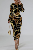 Red Chain print O Neck Long Sleeve Casual Street Fall Outings Bodycon Pencil Midi Dress