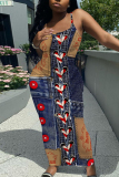 Blue Faux Denim Print Sleeveless Backless Spaghetti Strap Summer Outings Vacation Bodycon Maxi Slip Dress