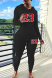 Black Skinny Sportwear Casual Figure Print Hooded Long Sleeve Sweatshirt and Sweatpants Fall Winter Two Pieces Sweatsuits Sets
